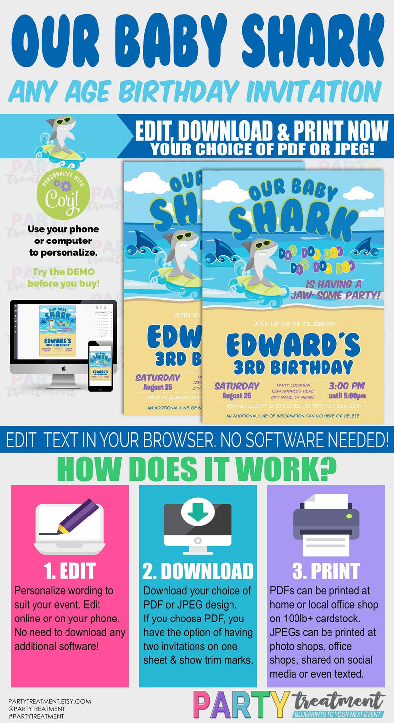 Cool Baby Shark Invitation, Blue baby shark invitation, shark invitation, baby shark birthday invitation, instant download