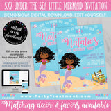 Under the Sea African American Little Mermaid Birthday Invitation, INSTANT DOWNLOAD