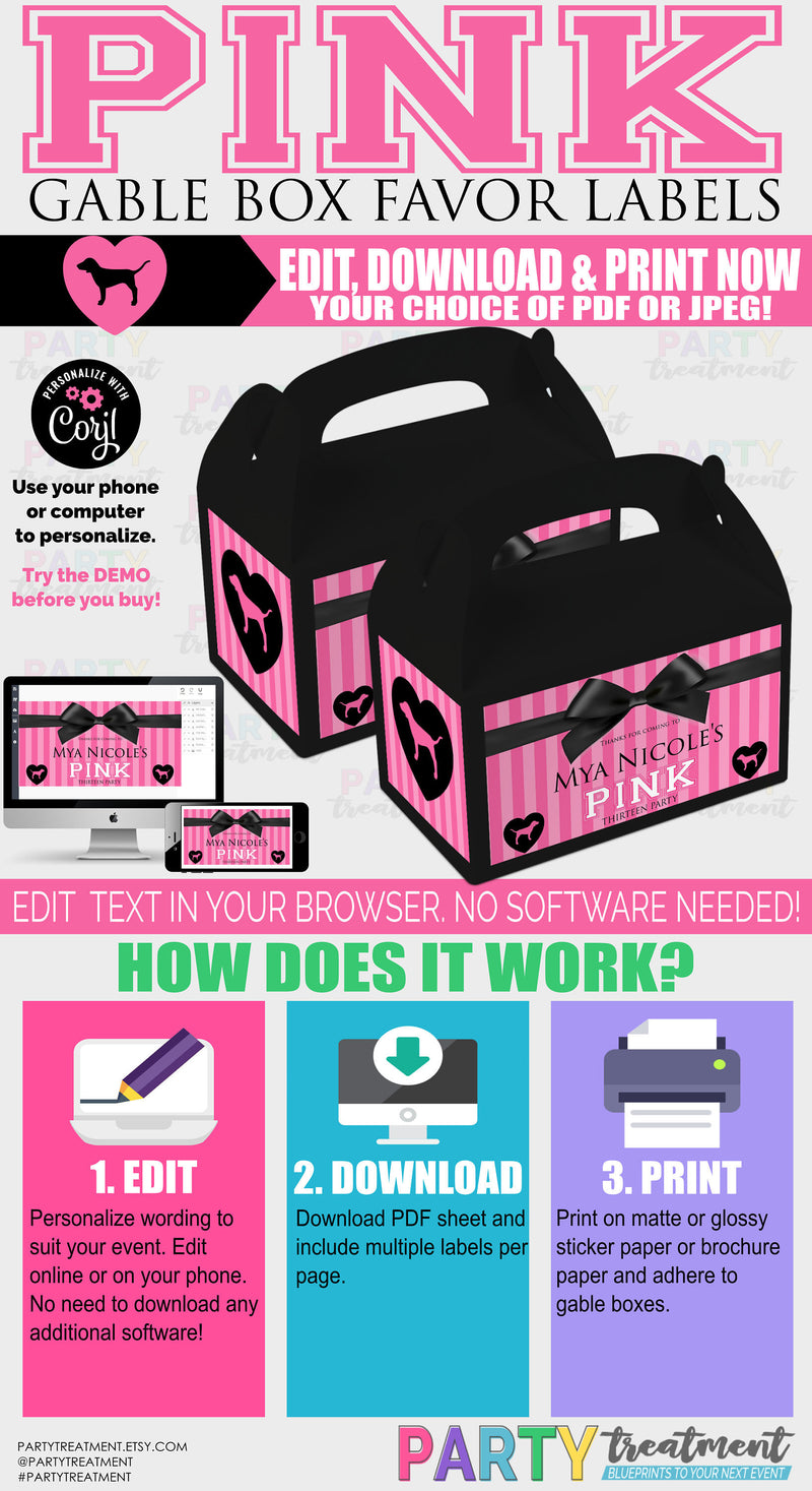 VS Pink Gable Box label, INSTANT ACCESS