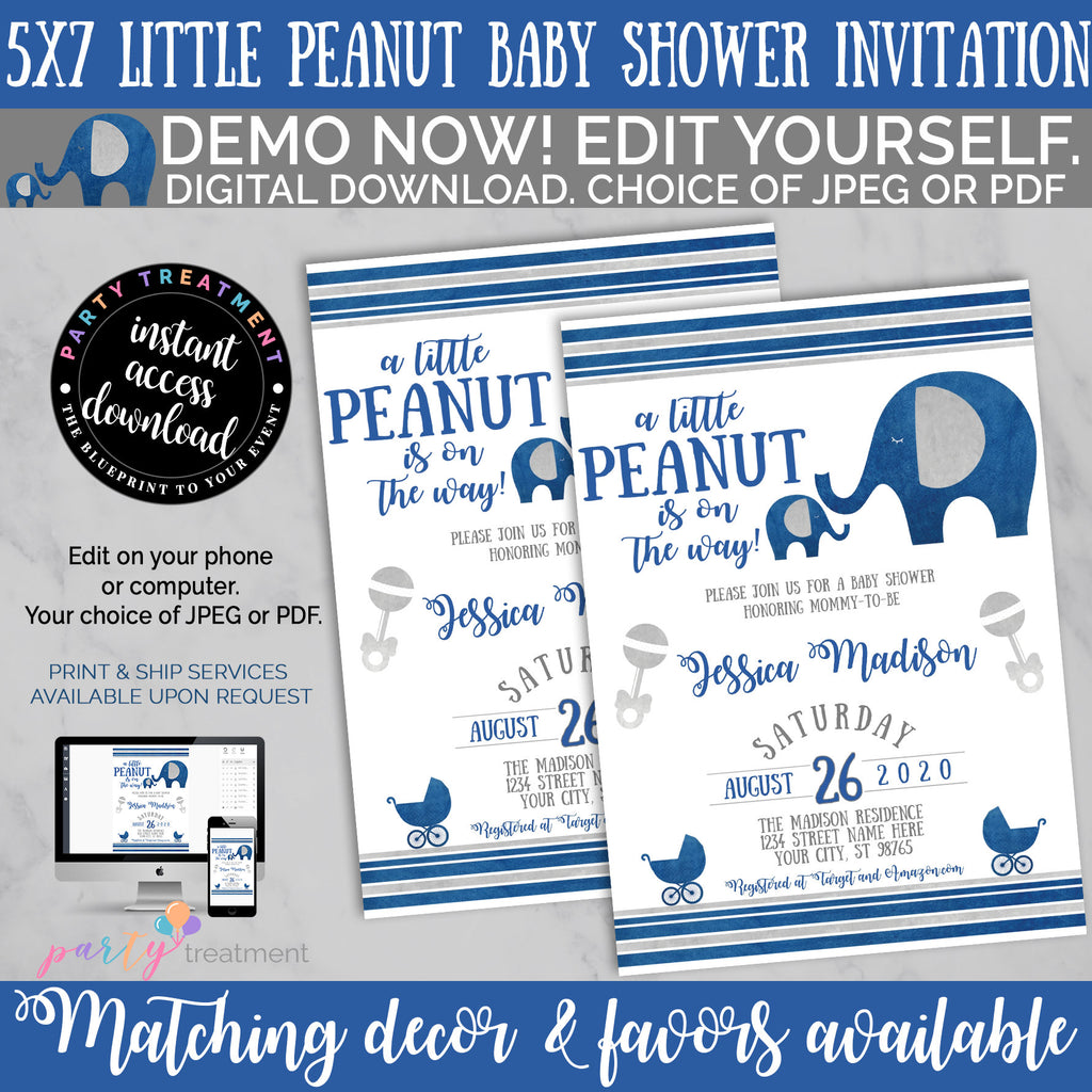 A little Peanut is on the Way Elephant Baby shower invitation, INSTANT DOWNLOAD