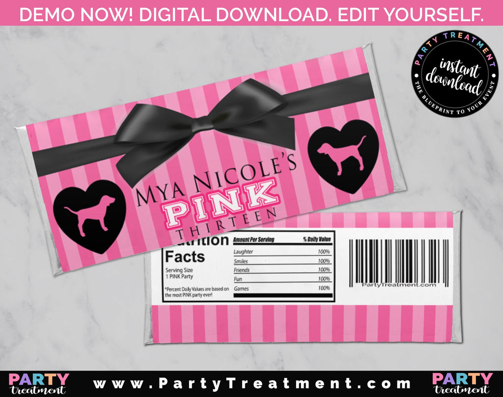 Pink Candy Bar Wrapper, Pink Party Chocolate Bar Wrapper, INSTANT DOWNLOAD