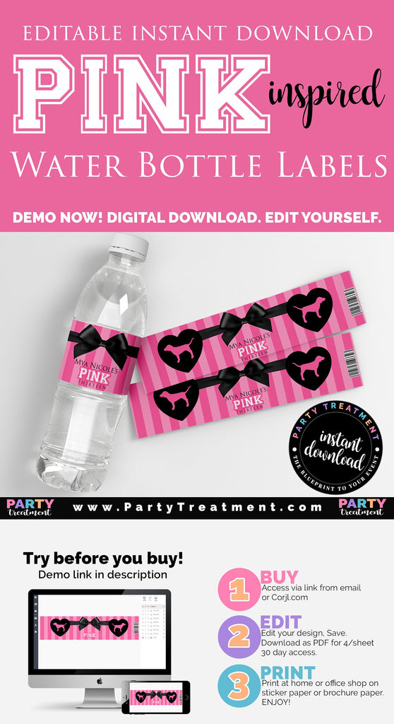 VS Pink Water Bottle Labels, INSTANT ACCESS