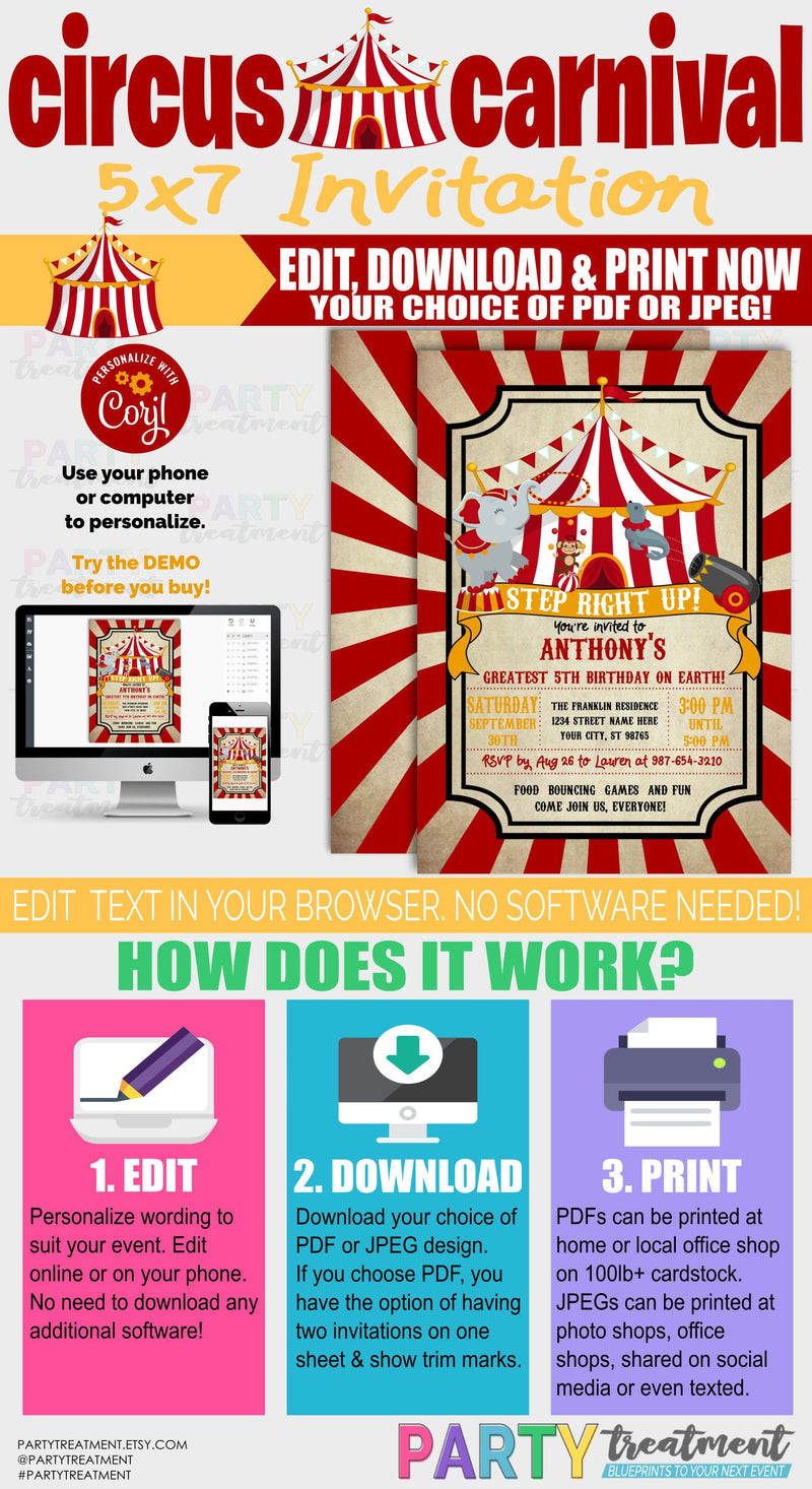 Circus Invitation, Carnival Invitation, Circus Birthday, Circus Baby Shower, INSTANT DOWNLOAD, Editable Template