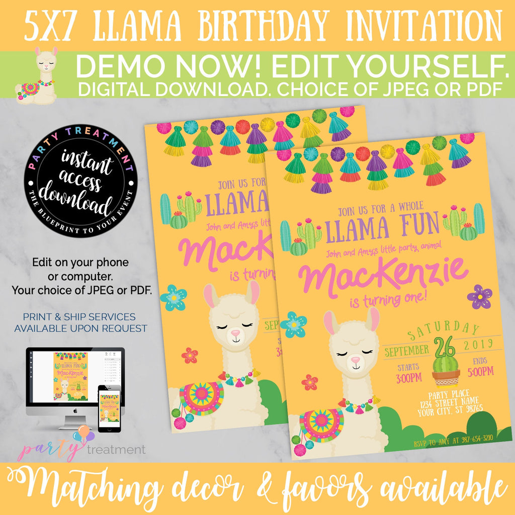 Llama Birthday Invitation, INSTANT DOWNLOAD
