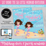 Under the Sea Little Mermaid Brunette Birthday Invitation, INSTANT DOWNLOAD