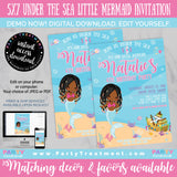 African American Mermaid Birthday Invitation, INSTANT DOWNLOAD