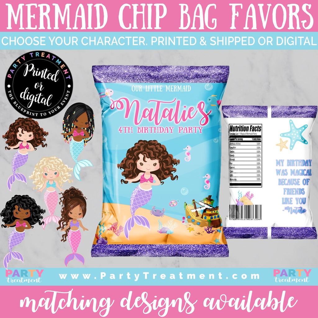 Mermaid Chip Bags, Little Mermaid Party Favors, Birthday Favors, African American Mermaid, Under the Sea, Chip Bag # 229