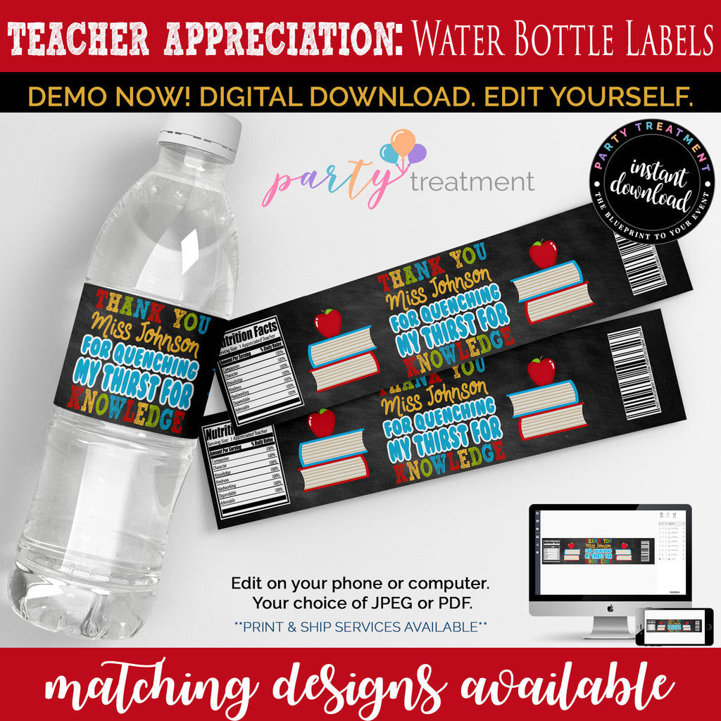 Teacher Appreciation Water Bottle Label, Editable Water bottle label, INSTANT DOWNLOAD, Thirst For Knowledge, Teacher Gift