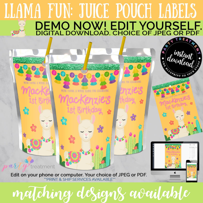 Llama Juice Pouch Labels, INSTANT DOWNLOAD