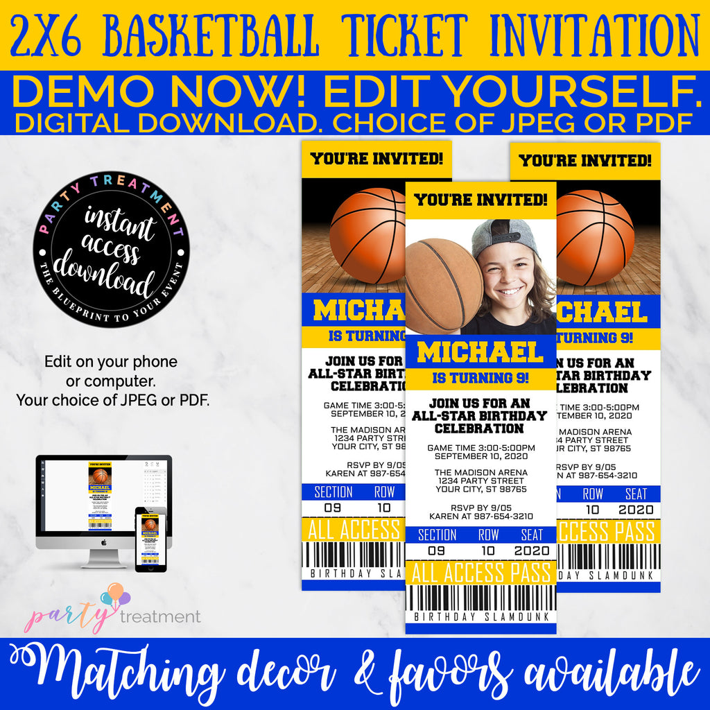 Basketball Birthday Invitation, Basketball Ticket Invitation, Basketball Invitation, Basketball Photo Invitation, INSTANT DOWNLOAD