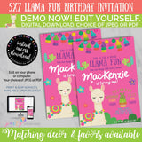 Llama Pink Birthday Invitation, INSTANT DOWNLOAD