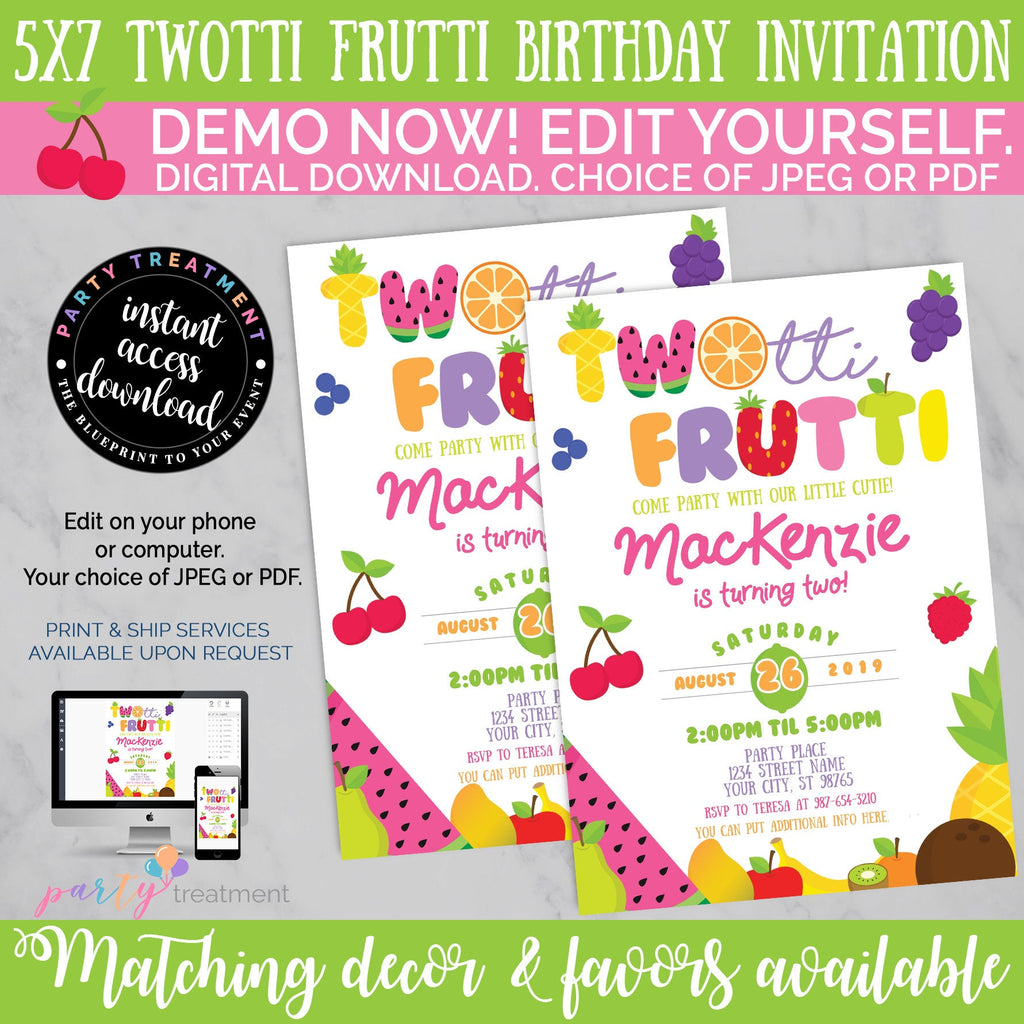 Twotti Frutti birthday Invitation, INSTANT DOWNLOAD