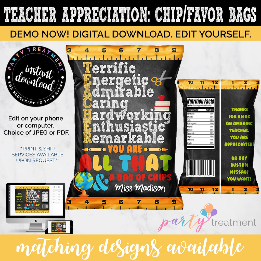 Teacher Appreciation Chip Bag Favor, Teacher Appreciation Printable, Editable Chip Bag, Teacher Appreciation Gift, INSTANT DOWNLOAD