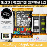 Teacher Appreciation Chip Bag Favor, Teacher Appreciation Printable, Editable Chip Bag, Teacher Appreciation Gift, INSTANT DOWNLOAD