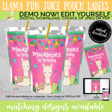 Llama Pink Juice Pouch Labels, INSTANT DOWNLOAD
