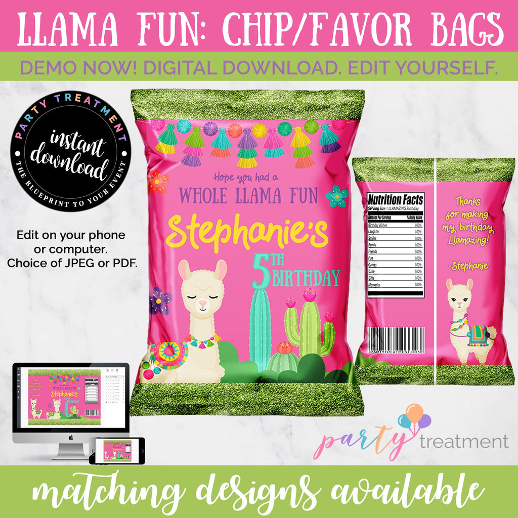 Llama Pink Chip Bag, INSTANT DOWNLOAD